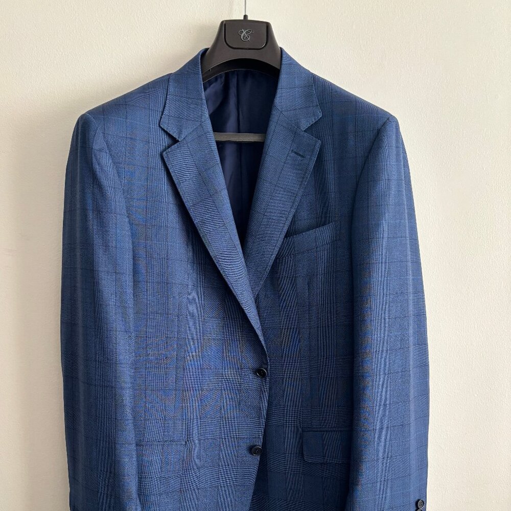 $2800 Canali Windowpane Check Blue Suit - Size 46. Pants 36-37